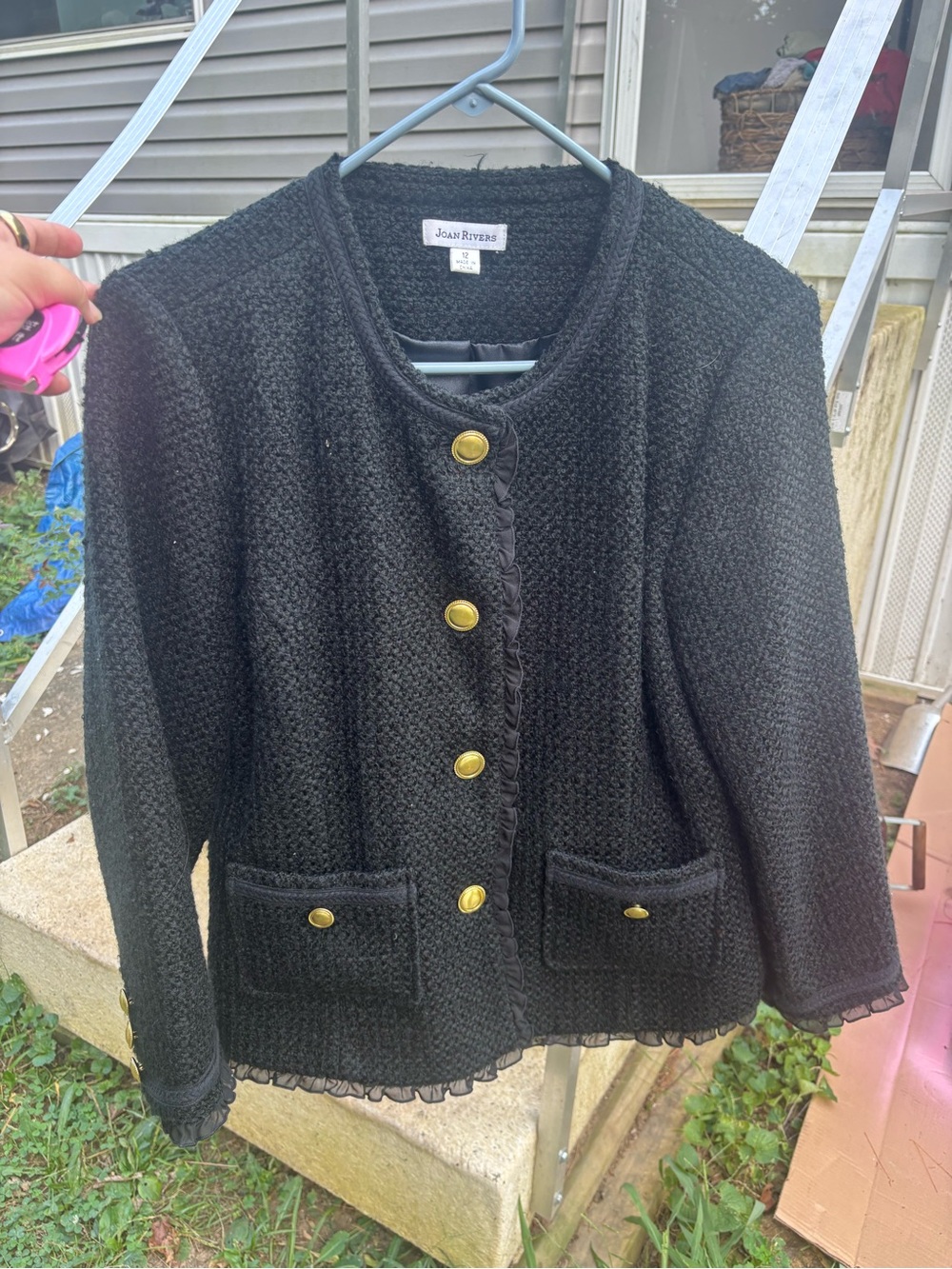 vintage Joan Rivers black tweed ruffle-trim jacket